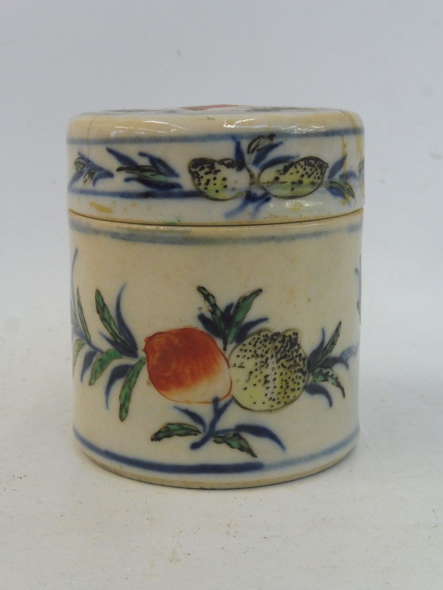 A small and early Chinese cylindrical lidded pot, 2 3/4" h.