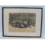 A framed and glazed market scene in charcoal, signed 'Gentile'(?) and dated '58, 19 1/4 x 14 1/2".