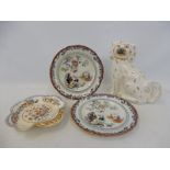 A pair of Ashworth Bros. plates, a 19th Century Staffordshire spaniel and a Victorian shaped serving