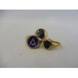 Three 9ct gold signet rings, one being Masonic, approx. 15g.