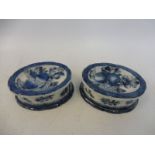 A pair of Chinese blue and white oval stands, possibly for Wasabi, marked to the bases, 3 3/4" w x 1
