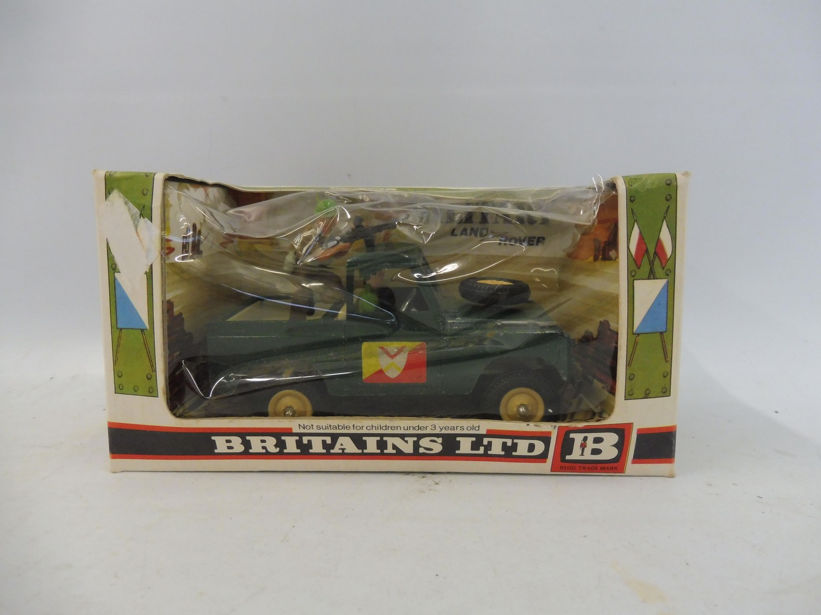 A boxed Britains circa 1970s Military model 9782 British Land Rover plus figures, box fair for