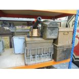 An assortment of galvanised and salvage to include traps, deed boxes and various containers, plus