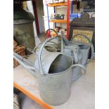 Five original galvanised watering cans.