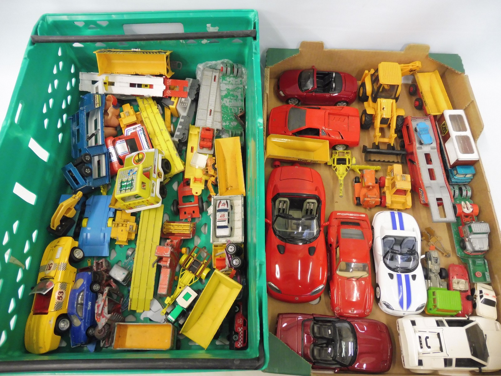 Two trays of playworn die-cast models, various makers and scales.