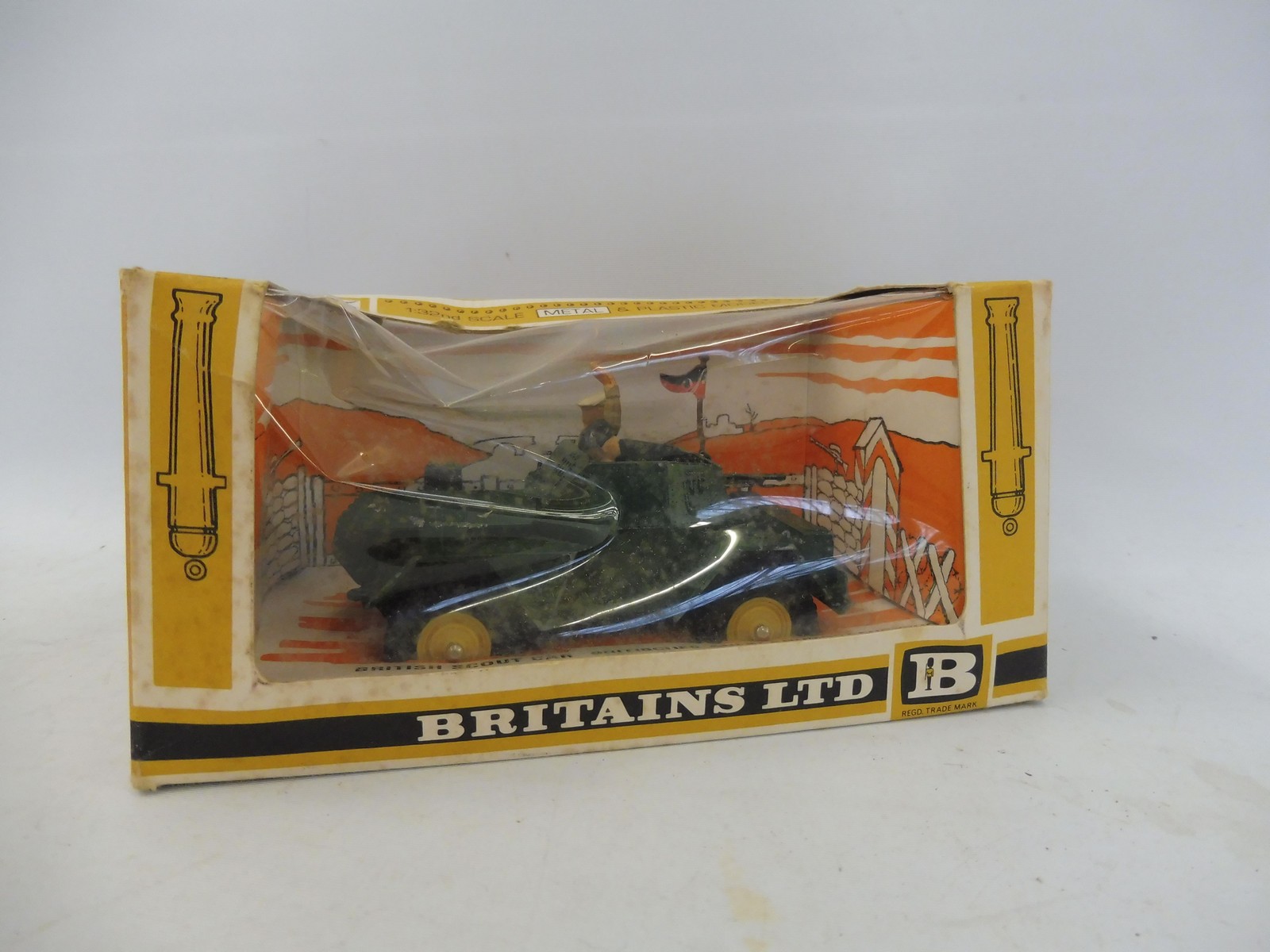 A boxed Britains no. 9781 British Scout Car, circa 1970s, box fair, model has some paint chips.