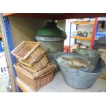 A selection of galvanised salvage, a quantity of industrial light shades etc.