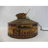 A 1950s style diner hanging light shade with fittings advertising Western Sizzling Steak House,