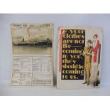 A pictorial card clothing related advertising sign depicting a glamorous gentleman and lady, 14 1/