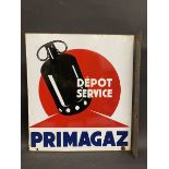 A double sided enamel sign with hanging flange advertising Primagaz, 17 1/2 x 19 1/2".