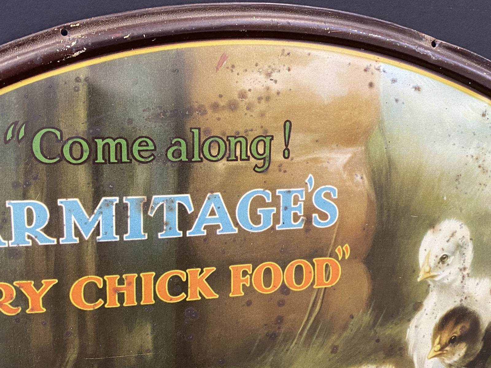 An Armitage's Dry Chick Food oval tin advertising sign, 17 3/4 x 14". - Image 2 of 5