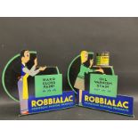 Two Robbialac die-cut showcards of bright colour, one missing card stand for the tin plus a tin of