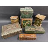 A group of seven early biscuit tins, mostly Huntley & Palmers including one in the shape of a