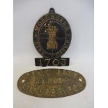 A cast metal Worcester Fire Office fire mark, no. 1703, 5 3/4 x 8 1/2", possibly reproduction plus a