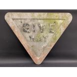 A heavy aluminium 'Give Way' triangular road sign, 29 1/2 x 26 1/2".