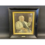 A Butlers Ales pictorial showcard in original named frame, depicting a man drinking from a flagon,