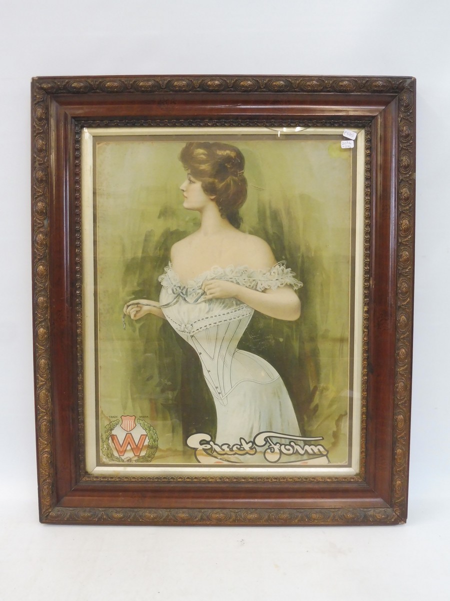 An Edwardian framed and glazed pictorial showcard advertising corsets, 20 3/4 x 23 1/2".