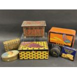 A group of biscuit tins including a small Jacob & Co. sample tin and a Henderson's Art Nouveau