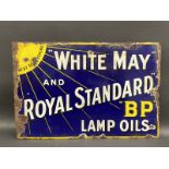 A 'White May' and 'Royal Standard' BP Lamp Oils, double sided enamel sign with hanging flange, 18