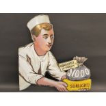 A Sunlight Soap 'Guarantee of Purity' die-cast enamel sign in the form of a figure holding a bag