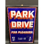 A Park Drive for Pleasure enamel sign with excellent gloss, in a wooden frame, three spots