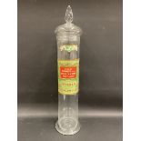 A tall glass dispensing jar labelled 'Fryer & Co. Finest Honey and Glycerine Pastilles', 24" tall.