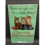 A Cherry Blossom Shoe Polish pictorial tin advertising sign depicting three kittens sat in boots, 17