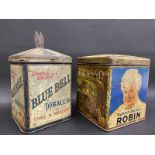 A Blue Bell Tobacco string tin plus a second with advertising all round for Reckitt's Blue, Zebo