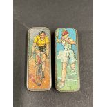 Two miniature pen knib sporting related tins, one depicting a tennis player, the other a cyclist.