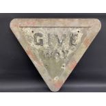 A heavy aluminium 'Give Way' triangular road sign, 29 1/2 x 26 1/2".