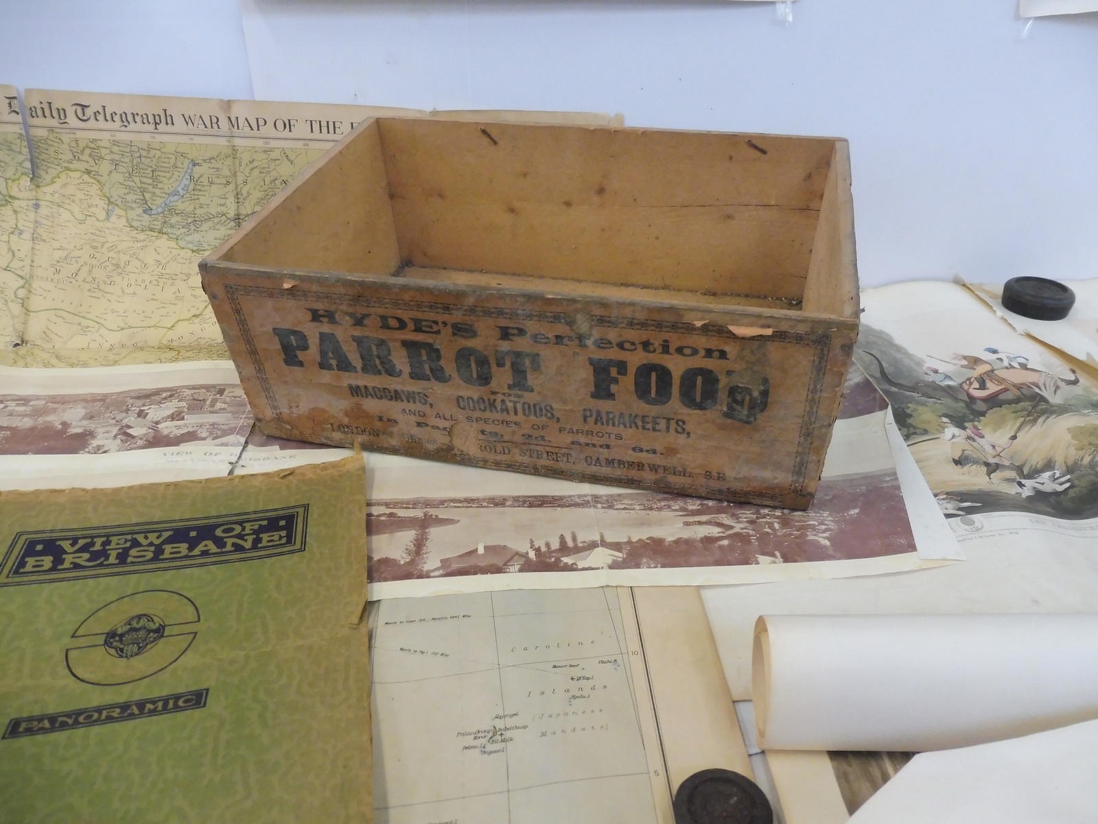 A wooden packing crate for Hyde's Perfection Parrot Food and various rolled up advertisements, a War - Image 6 of 6