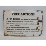 An A.W. Bombs Precautions enamel sign, 12 x 8".