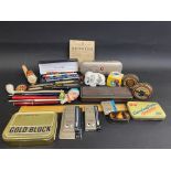 A box of mixed collectables including fountain pens, pen knives, tins etc.