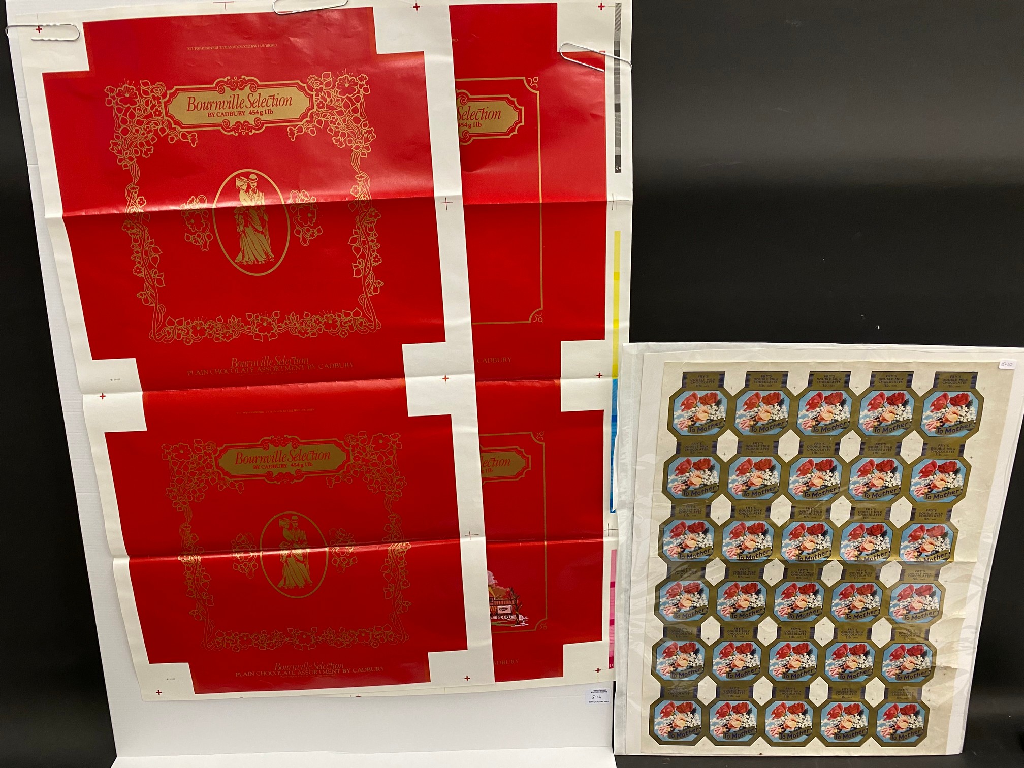 Two Cadbury's Bournville 1970s chocolate printer's proofs plus an uncut sheet of Fry's chocolate 'To