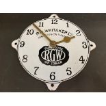 An unusual enamel clock face advertising R.G. Whitaker Ltd, Kingston-on-Thames, 9 1/2" diameter.
