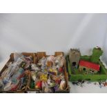 A handmade medieval fort, with a collection of plastic knights and horses, plus a selection of