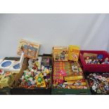 Fives boxes of collectables to include badges, Tetley teafolk, Typhoo Wallace and Gromit etc.