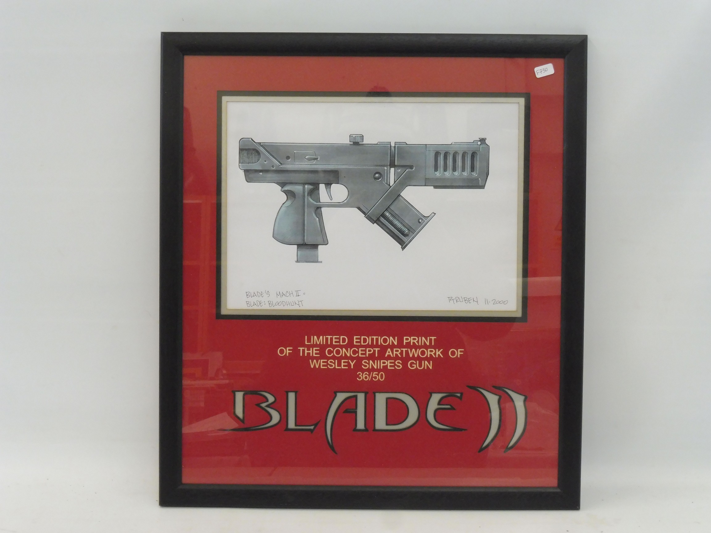 A Blade 2 limited edition (no.36/50) framed print of concept artwork of Wesley Snipe's gun with