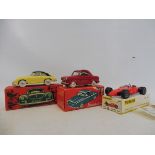 A Faracars Indy turbine car (with applied decals) and a Quiralu Porsche and Vespa, all near mint and