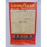 A Goodyear Tyres retail price chart for 1953, 22 x 35".