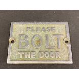 A small Please Bolt The Door rectangular chrome plated plaque, 2 3/4 x 2".