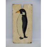 A hand painted penguin fairground panel from a hoopla stall, circa 1970s, 23 x 12".