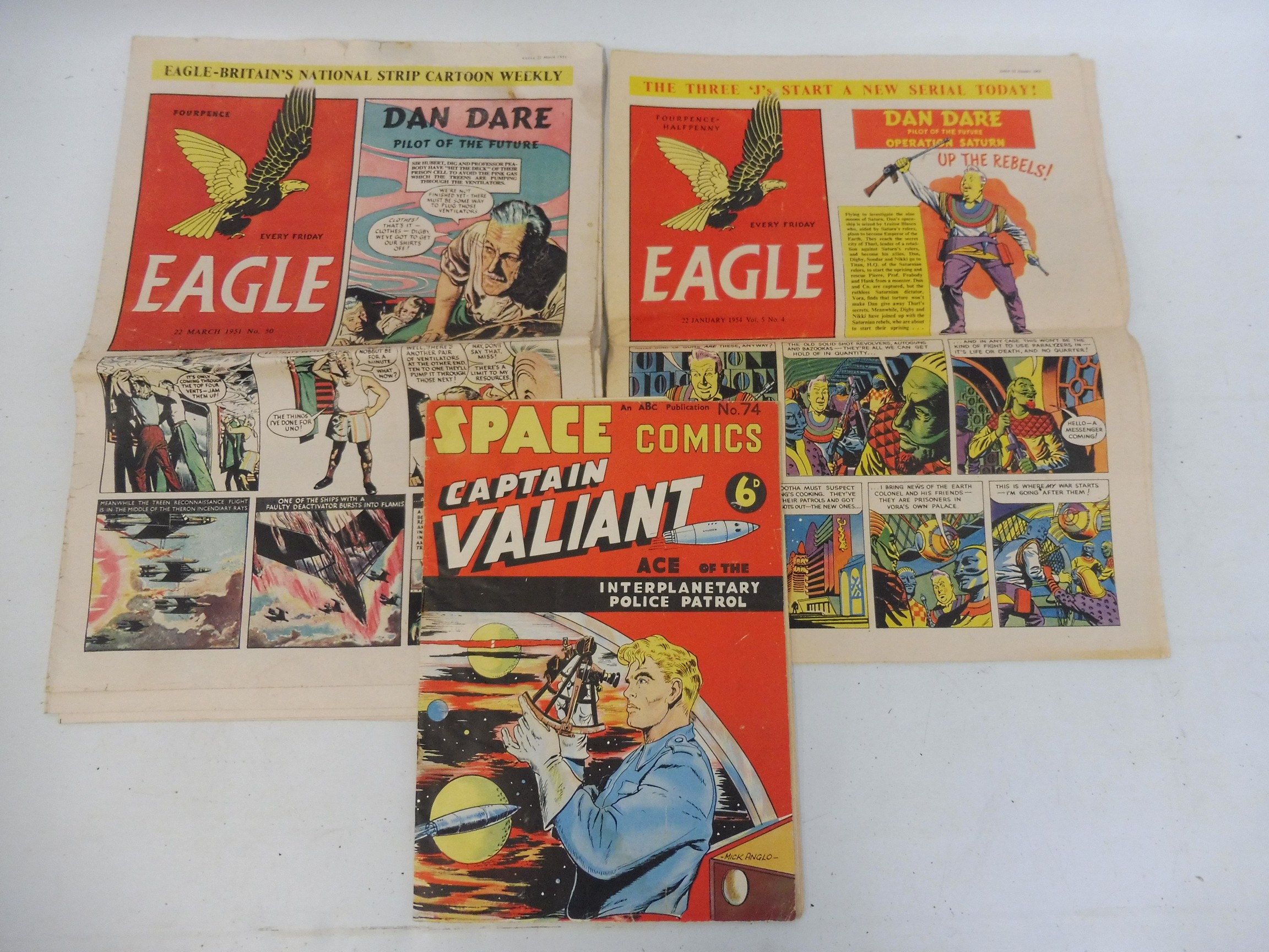 Two Eagle comics, March 1951 and January 1954 plus a copy of Space Captain Valiant, an ABC