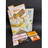 An Mars Chocolate pictorial showcard, 9 x 12" plus four dummy chocolate bars (two Tobler).