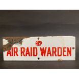 A small ARP Air Raid Warden enamel door sign, 9 x 3".