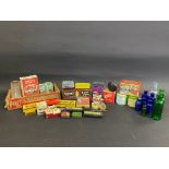 A tray of assorted tins and packaging, some with partial original contents, also a small selection