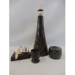 Four pieces of Cornish serpentine including a table top of conical form, 9 1/2" excluding fitting.