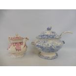 A large 19th Century blue and white treen with ladle, plus a Victorian pink lustre teapot.