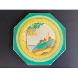 A Clarice Cliff octagonal plate circa 1932, hand painted in the Secrets pattern with a stylised tree