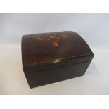 A 19th Century rosewood dome topped sewing box with marquetry inlaid decoration and a green silk